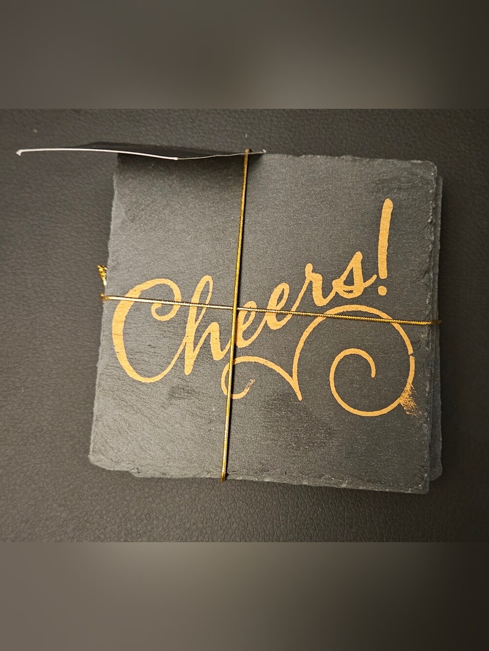 Cheers! Gold Script Slate Coaster Set - Black and Gold 4 Ct